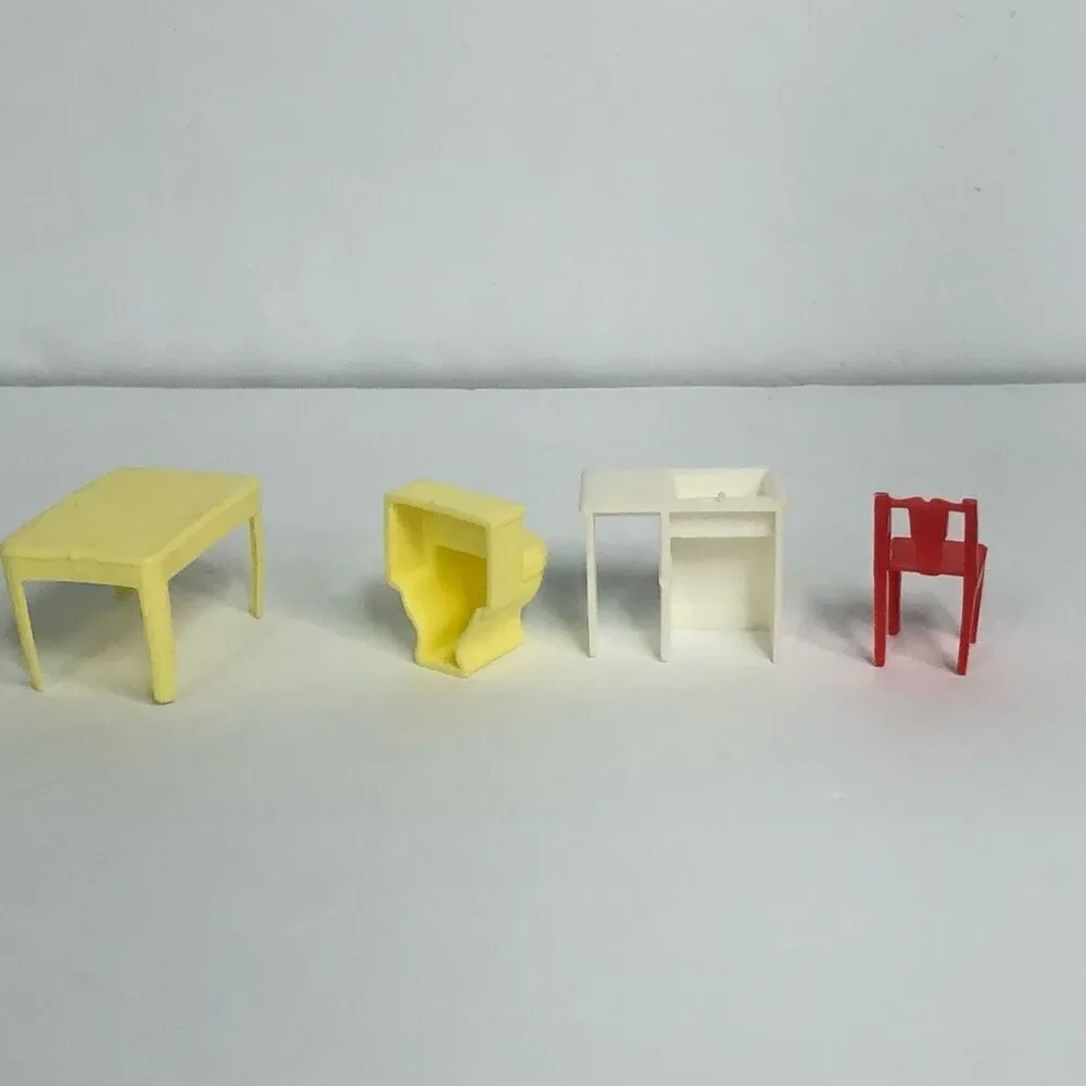 vintage dollhouse furniture plastic kitchen bathroom yellow red white miniatures